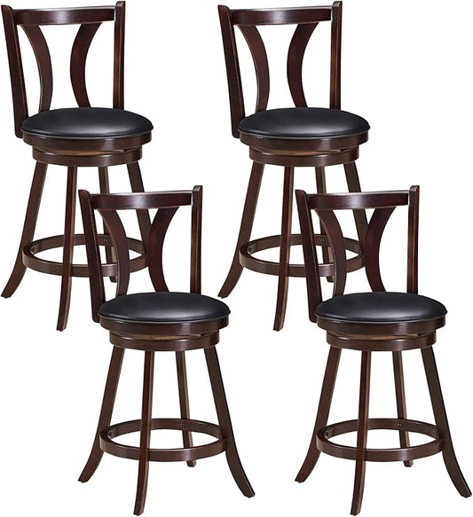 COSTWAY Bar Stools Set of 4, 360-Degree Swivel Stools with Leather Padded Seat, Single Slat Back & Solid Rubber Wood Legs, Counter Height Stools for Pub, Restaurant, Kitchen, Brown (4)