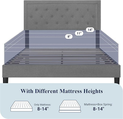 Allewie Queen Size Upholstered Platform Bed Frame with Adjustable Headboard, Button Tufted, Wood Slat Support, Easy Assembly, Light Grey