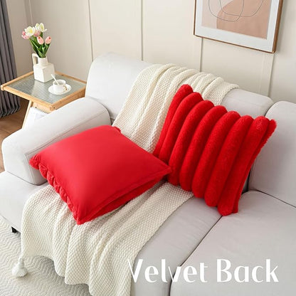 FUTEI Christmas Red Decorative Throw Pillow Covers 22x22 Inch Set of 2, Square Soft Faux Rabbit Fur Thick Striped Cushion Cover,Winter Home Decor for Couch Bed Living Room