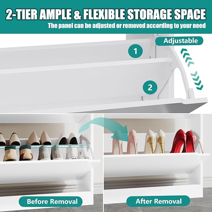 Shoe Storage Cabinet for Entryway with 4 Flip Drawers, Sturdy Wood Hidden Shoe Storage, Freestanding Narrow Slim Shoe Organizer for Front Door Entrance, Living Room, Hallway, Bedroom, White