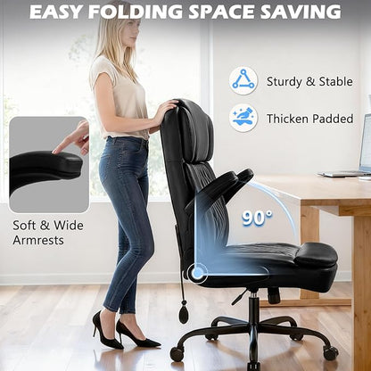 400lbs Executive Office Chair with Flip up Arm,Ergonomic Big and Tall Computer Desk Chairs with Pocket Spring Cushion,High Back PU Leather Computer Chair with Adjustable Lumbar Support,Metal Base