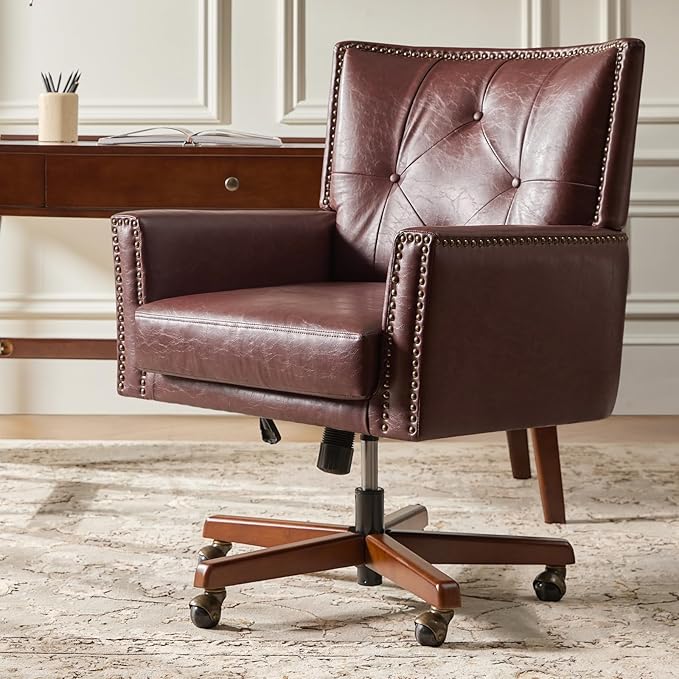 HULALA HOME Modern Home Office Chair with Tilt Lock & Metal Base, Desk Chair with 360° Swivel & Tilt Function, Height Adjustable, Wide Seat Computer Task Chair with Wheels & Padded Cushion, Brown
