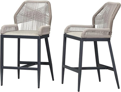 PURPLE LEAF 2 Pieces Counter Height Bar Stools Patio Boho Rattan Barstools Aluminum Woven Bar Chairs with Cushions for Outdoor Kitchen Island Garden