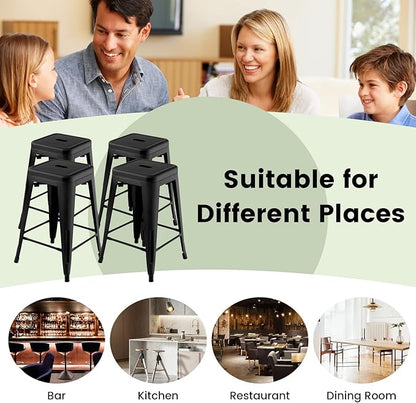 COSTWAY Bar Stools Set of 4, 24” Stackable Metal Stools with Square Seat & Handing Hole, X-Shaped Reinforced Design, Backless Bar Chairs for Kitchen, Dining Room, Pub (Black, 24‘’)