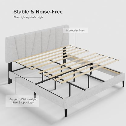 Queen Size Bed Frame with Fabric Upholstered Headboard, Platform Bed with Wooden Slats Support, Fully Mattress Foundation, Box Spring Optional, Easy Assembly