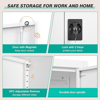 SISESOL Small Metal Cabinet with Shelves,36 inch Garage Storage Cabinet with Lock,White Metal Storage Cabinets with Locking Doors,Lockable Office File Cabinets for Home,Office,Shop,Garage