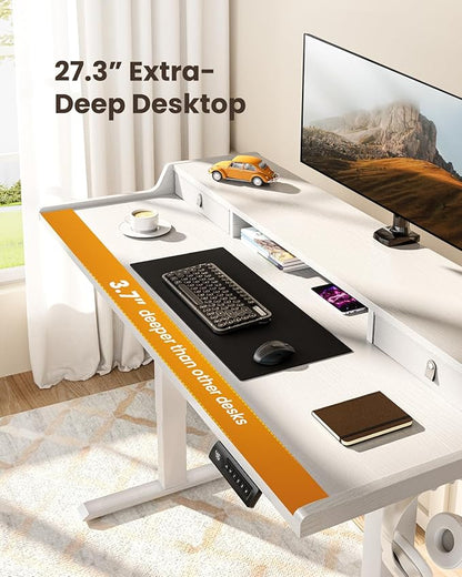 ErGear Electric Standing Desk with Drawers, 55″ x 28″ Gaming Table Compatible Monitor Stand, Stand up Desks, Home Office Height-Adjustable Desk with Storage Shelf, 4 Preset Heights, White