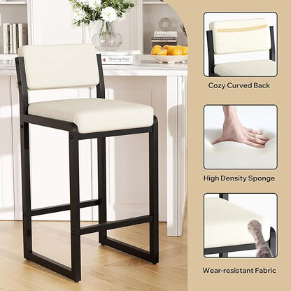 Bar Stools Set of 6, Fabric Counter Height Bar Stools with High Back and Metal Legs, Upholstered Bar Chairs, 26" Modern Barstools for Kitchen Island, Beige