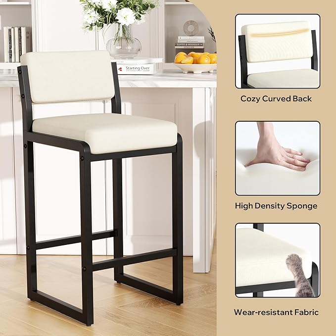 Bar Stools Set of 3, Fabric Counter Height Bar Stools with High Back and Metal Legs, Upholstered Bar Chairs, 26" Modern Barstools for Kitchen Island, Beige