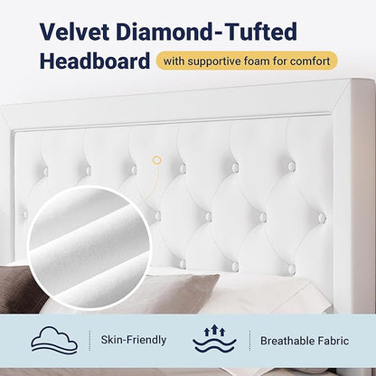 Allewie Queen Size Velvet Upholstered Bed Frame with Adjustable Headboard, Diamond Tufted Design, Wood Slat Support, Noise-Free EVA Strip, Easy Assembly, White
