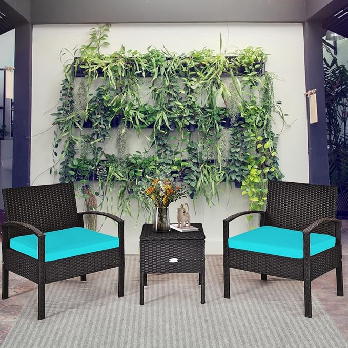 COSTWAY Rattan Patio Furniture Set 3 Pieces, Wicker Conversation Set with Tempered Glass Coffee Table, Seat Cushions, Outdoor Chair Wicker Sofa for Backyard Balcony Porch Poolside, Turquoise