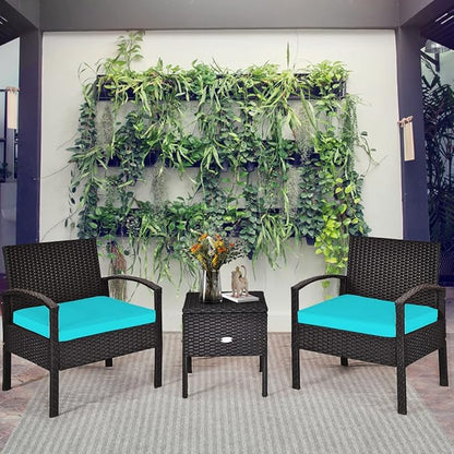 COSTWAY Rattan Patio Furniture Set 3 Pieces, Wicker Conversation Set with Tempered Glass Coffee Table, Seat Cushions, Outdoor Chair Wicker Sofa for Backyard Balcony Porch Poolside, Turquoise