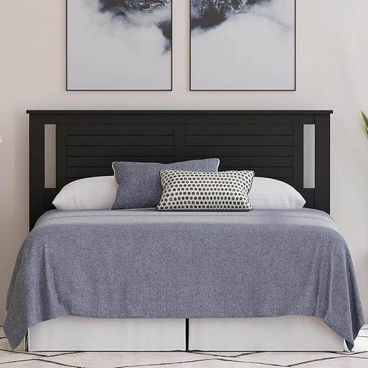 Serene Poplar Wood Queen Size Headboard in Black, Modern Farmhouse Panel with Horizontal Scoring, Casual Coastal Style, Easy Assembly, Quality Materials