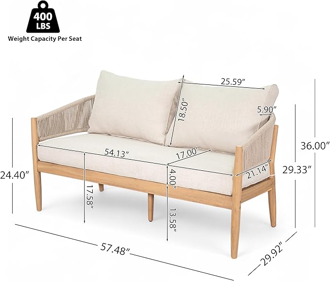 Christopher Knight Home Katarina Patio Acacia Wood Loveseat Furniture, Outdoor Loveseat Sofa with Comfy Fabric Cushions, 2-Seater Sofa with Handwoven Rope Backrest for Garden, Light Brown+Beige