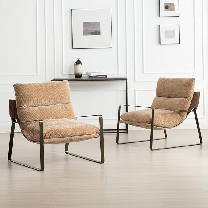 HEAH-YO Modern Accent Chair Set of 1, Upholstered Chenille Living Room Chair with Bronze Metal Legs, Comfy Arm Side Chair for Bedroom, Khaki