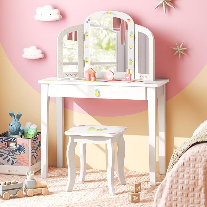 Costzon Kids Vanity, Girls Vanity Set with Tri-Folding Mirror, Stool, Storage Drawer, Princess Toddler Makeup Vanity Desk Dressing Table, Wooden Kids Vanity Table and Chair Set (Fruit Pattern)