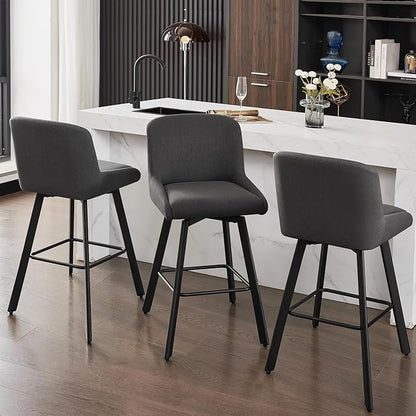 Swivel Counter Height Bar Stools Set of 3, 30''H Upholstered Barstools with Backs, Modern Bar Stool Chairs for Kitchen Island, Metal Legs, Fabric, Black Grey Stools Counter Chair