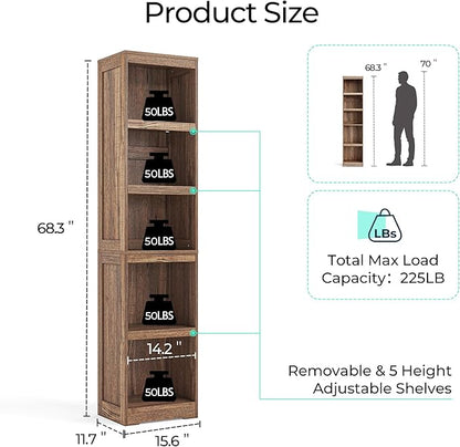 LINSY HOME 5-Shelf Bookcase, Narrow Bookshelves Floor Standing Display Storage Shelves 68 in Tall Bookcase Home Decor Furniture for Home Office, Living Room, Bed Room - Dark Brown