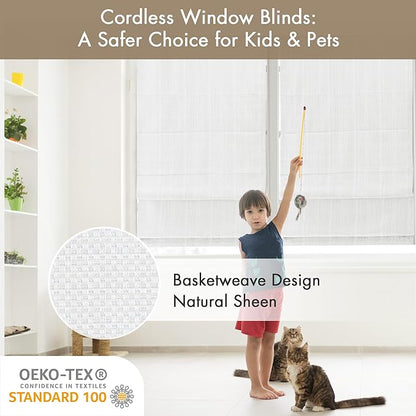 Madison Park Galen Cordless Roman Shade, 34"W x 64"H, Sheen White – Room Darkening, Thermal Insulated, Energy Efficient Window Blind with Subtle Sheen Basketweave Fabric for Privacy