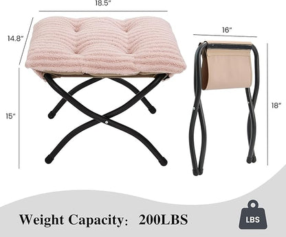 15"(H) Folding Ottoman, Foldable Footrest Stool, Portable Small Foot Stool for Couch, Collapsible Foot Rest Ottoman for Sofa, Accent Padded Ottomans for Living Room, Bedroom, Stripe Pink