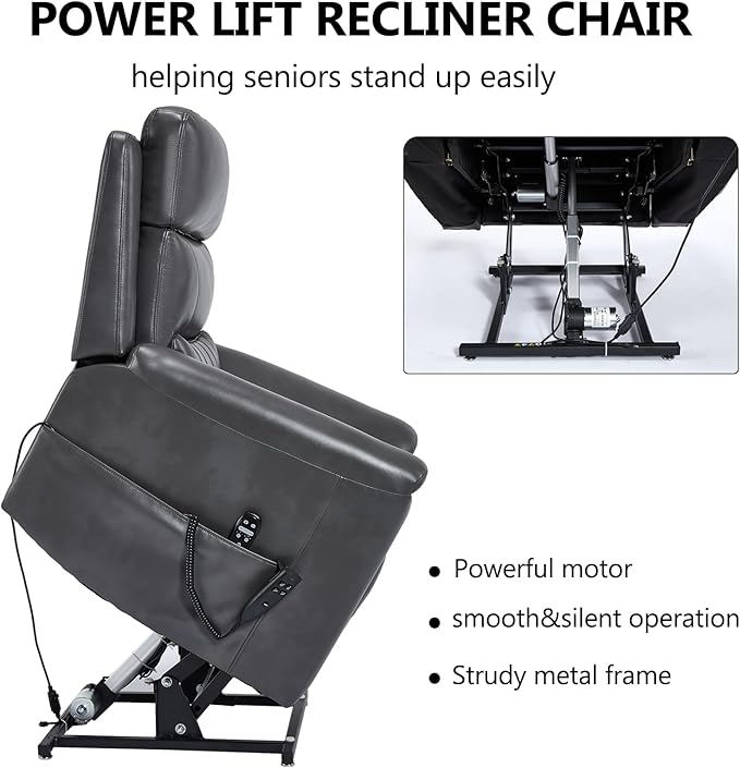 PELUMY Power Lift Recliner Chair for Elderly with Massage and Heat, Dual Motor Heavy Duty 350lbs Recliner, 8-Point Vibration & Lumbar Heating, Electric Lift Chair (Breathable Leather, Dark Grey)