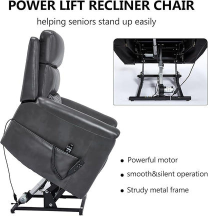 PELUMY Power Lift Recliner Chair for Elderly with Massage and Heat, Dual Motor Heavy Duty 350lbs Recliner, 8-Point Vibration & Lumbar Heating, Electric Lift Chair (Breathable Leather, Dark Grey)