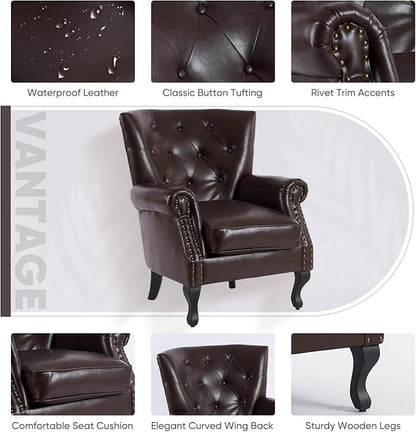 MOJAY PU Leather Accent Chair, Mid-Century Modern Armchair Living Room Club Chair with Tufted Button & Rivet Trim, Upholstered Sofa Chair with Sturdy Wood Legs for Bedroom (Caramel)