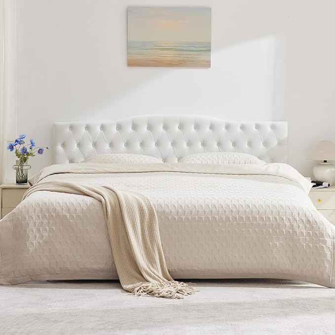 Upholstered Queen Headboard, Button Diamond Tufted Headboard with Adjustable Height and Solid Wood Leg, Velvet Padded Headboards for Queen Size Bed, Modern Head Board, White