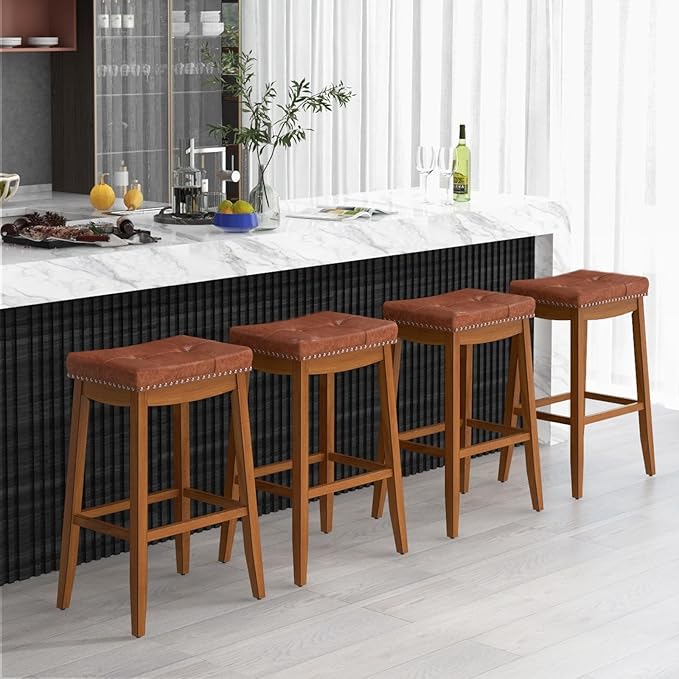COSTWAY Saddle Bar Stools Set of 4, 29-Inch Bar Height Barstools w/PU Leather Seat, Solid Rubber Wood Frame, Footrest, Mid-Century Backless Bar Stools for Kitchen Island Home Bar