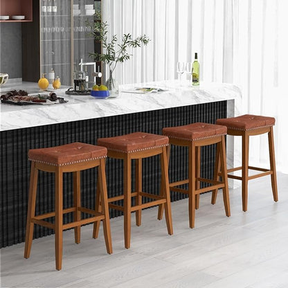COSTWAY Saddle Bar Stools Set of 4, 29-Inch Bar Height Barstools w/PU Leather Seat, Solid Rubber Wood Frame, Footrest, Mid-Century Backless Bar Stools for Kitchen Island Home Bar