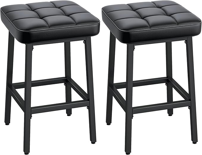 VECELO Modern Counter Height Bar Stools Set of 2, 24" PU Leather Upholstered Counter Stools with Metal Frame, Backless Square BarStools Bar Chairs for Kitchen Island, Black