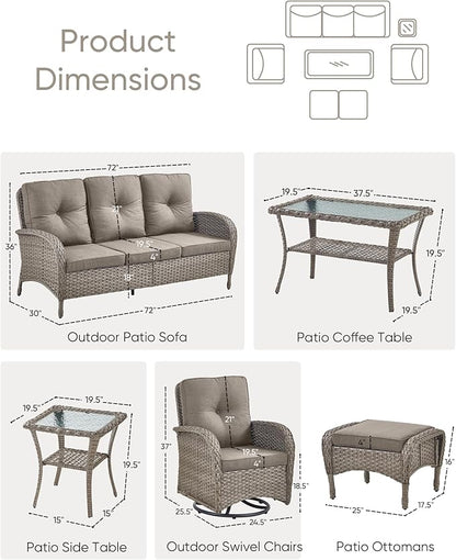 HUMMUH 7 Pieces Outdoor Furniture Set-All Weather Wicker Rattan Couch with Outdoor Rocking Chair Patio Furniture for Deck Lawn Porch Balcony Poolside-Grey/Grey