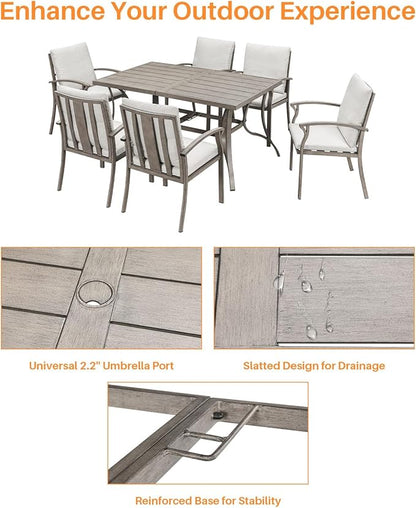 7-Piece Outdoor Patio Dining Set, Aluminum Patio Dining Set with 2.2" Umbrella Hole, Outdoor Table and Chairs with Cushions, Patio Furniture Sets for Lawn, Garden, Backyard, Limed Oak