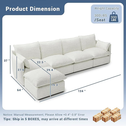 124" Cloud Modular Sectional Sofa, Waterproof Down Filled Sectional Couch, High Backrest L Shaped 4 Seater Couch with Ottoman, Modern Modular Sofas with Removable Cover, Cream White