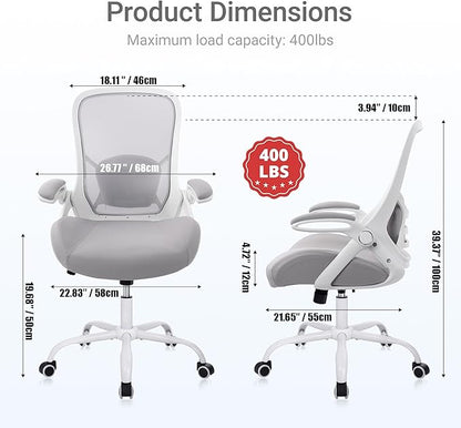 HYLONE 400lbs Heavy Duty Office Chair, 5" Thickened Seat Ergonomic Desk Chair with Adjustable Armrests, Home Office Computer Chairs for Long Hours Mesh Executive Chair(Grey)