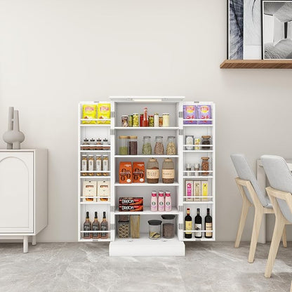 Kitchen Pantry Storage Cabinet w/LED, 50" Pantry Cabinets w/Doors and Adjustable Shelves, Freestanding Pantry Cupboard for Kitchen, Dinning Room, Living Room, Small Place, White