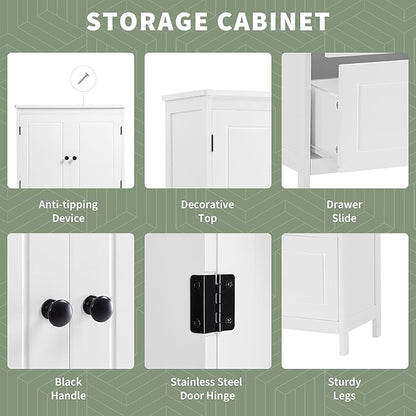 Tall Storage Cabinet, Bathroom Floor Freestanding Storage Cabinet with 2 Doors and 2 Drawers for Bathroom, Office, Living Room, White