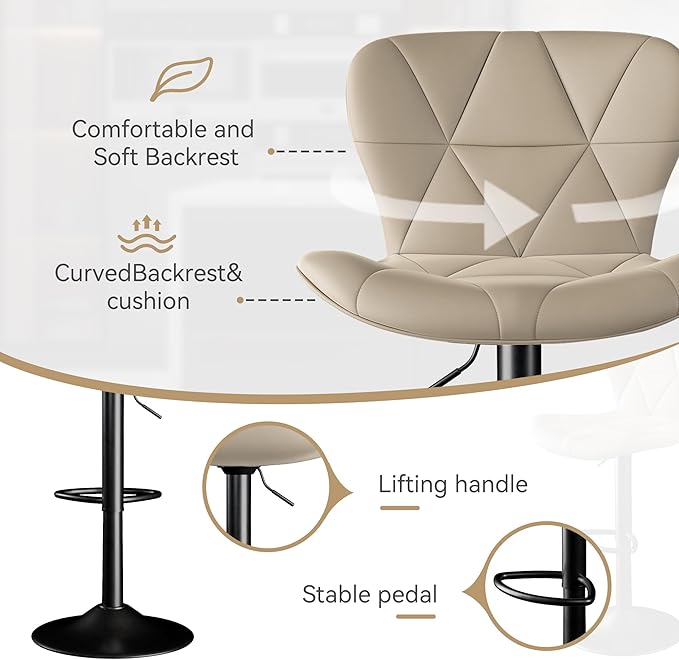 Bar Stools Set of 1,Adjustable Swivel Barstools, Faux Leather Bar Chairs,Upholstered Counter Height with High Backrest for Kitchen Island,Khaki