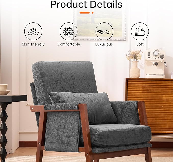 Accent Chair Mid-Century Modern with Lumbar Support Pillow, Upholstered Living Room Chairs with Wooden, Chenille Armchair with Cushion, Anthropologie Side Chair for Bedroom, Dark Grey