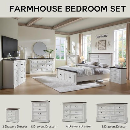 26" Tall Nightstand with Charging Station, Farmhouse 23.6" Wide Large End Table w/Roman Column, Wood Rustic Side Table w/Metal Handle, 3 Drawers Dresser for Bedroom, Living Room, White