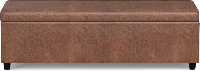 SIMPLIHOME Avalon 54 Inch Wide Contemporary Rectangle Extra Large Storage Ottoman Bench in Distressed Saddle Brown Vegan Faux Leather, Assembled, For the Living Room, Entryway and Family Room