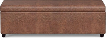 SIMPLIHOME Avalon 54 Inch Wide Contemporary Rectangle Extra Large Storage Ottoman Bench in Distressed Saddle Brown Vegan Faux Leather, Assembled, For the Living Room, Entryway and Family Room