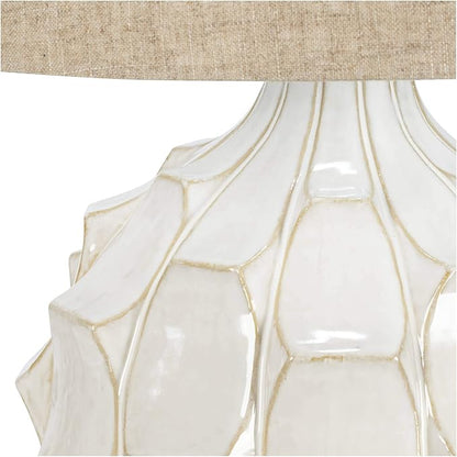 Possini Euro Design Cosgrove Mid Century Modern 3-Way Table Lamp with Table Top Dimmer 26.5" High White Glazed Ceramic Light Brown Linen Drum Shade for Living Room Bedroom House Bedside Nightstand