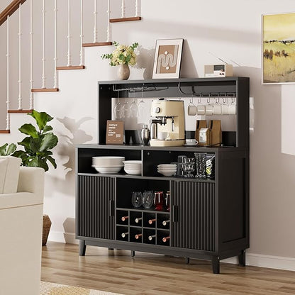 Fluted Buffet Cabinet with Storage, Modern Coffee Bar Cabinet with Outlet, Wine Rack, Cup Holder, Multi-Functional Accent Liquor Cabinet for Living Room, Entryway, Kitchen, Black