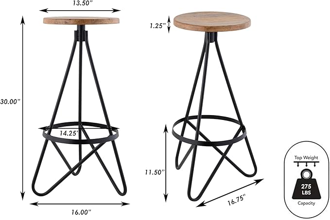 JONATHAN Y BSL1000E Spiroa 30" Modern Industrial Metal/Wood Backless Circular Bar Stool for Home, Kitchen, Dining Room, Workspaces, Cafes and Resturants, Natural Wood Seat with Black Frame