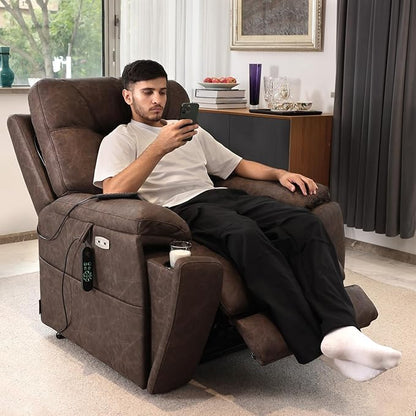 EONIX Triple Motor Lay Flat Power Lift Recliner Chair for Elderly, 400lbs Large Electirc Lift Chair for Living Room, Independent Adjustable Lumbar, Extended Footrest, Hidden Cup Holders, Dark Brown