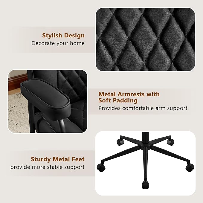 Leather Home Office Desk Chairs, Comfy Office Chair, Mid Century Modern Office Chair with Lumbar Support, Mid-Back Adjustable Swivel Computer Chair with Wheels and Arms, Black