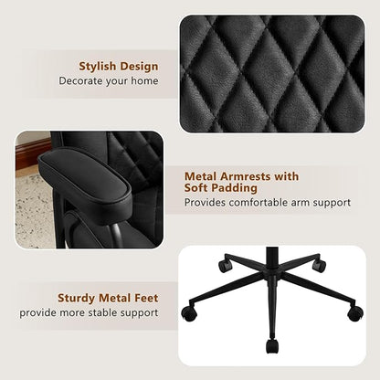 Leather Home Office Desk Chairs, Comfy Office Chair, Mid Century Modern Office Chair with Lumbar Support, Mid-Back Adjustable Swivel Computer Chair with Wheels and Arms, Black