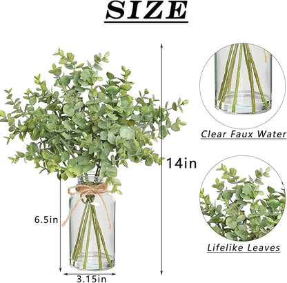 Zheart Fake Eucalyptus Stems in Glass Vase with Faux Water,14" Artificial Plants Eucalyptus Leaves for Shelf Desk Bathroom Farmhouse Room Coffee Table Home Decor (Sage Green)