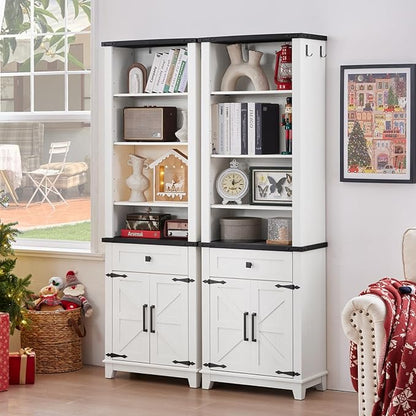 72in Tall Bookshelf 7 Tier Bookcase with Drawer and Barn Doors and Adjustable Shelves, White Farmhouse Book Shelf with Storage Cabinet, Wood Freestanding Display Bookshelves for Kitchen (2PCS)